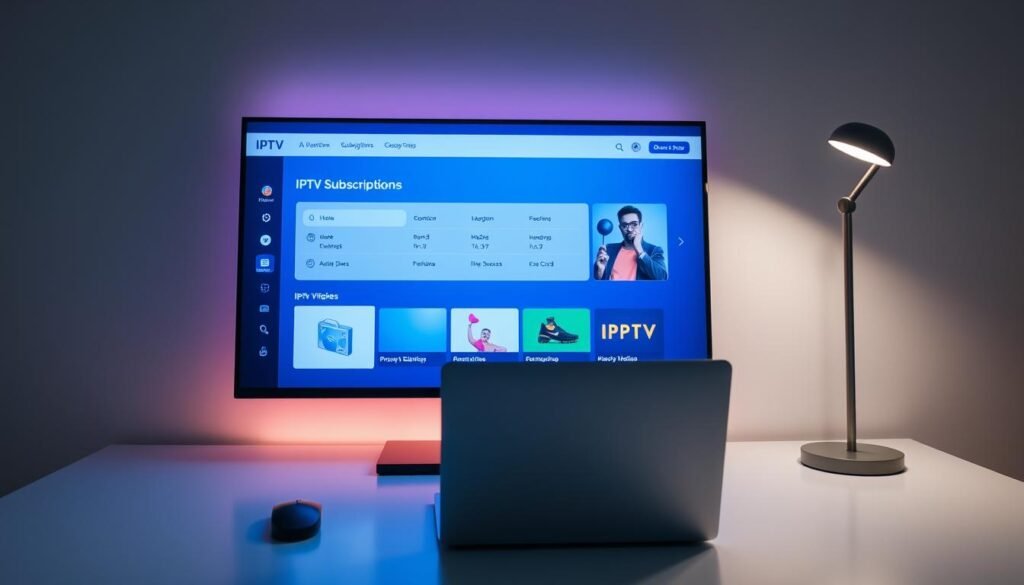 A sleek, minimalist IPTV subscription service interface displayed on a large, high-resolution screen. The screen is surrounded by a modern, elegant desk setup with a stylish laptop, a wireless mouse, and a minimalist lamp providing soft, indirect lighting. The overall scene conveys a sense of professionalism, efficiency, and the convenience of managing IPTV subscriptions from a comfortable, technology-driven workspace. The mood is one of productivity, organization, and the seamless integration of IPTV services into a contemporary digital lifestyle. A sleek, minimalist IPTV subscription service interface displayed on a large, high-resolution screen. The screen is surrounded by a modern, elegant desk setup with a stylish laptop, a wireless mouse, and a minimalist lamp providing soft, indirect lighting. The overall scene conveys a sense of professionalism, efficiency, and the convenience of managing IPTV subscriptions from a comfortable, technology-driven workspace. The mood is one of productivity, organization, and the seamless integration of IPTV services into a contemporary digital lifestyle.